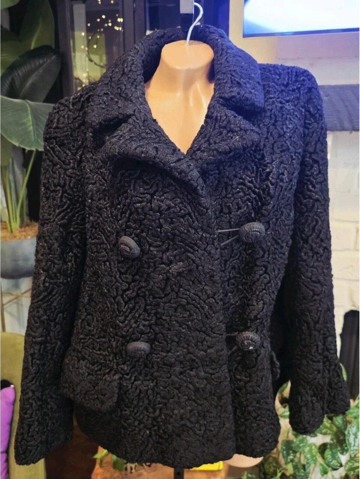 Vtg Lustrelam By Halldon Curly Lamb Wool Coat Double Breasted Black Womens M(?)